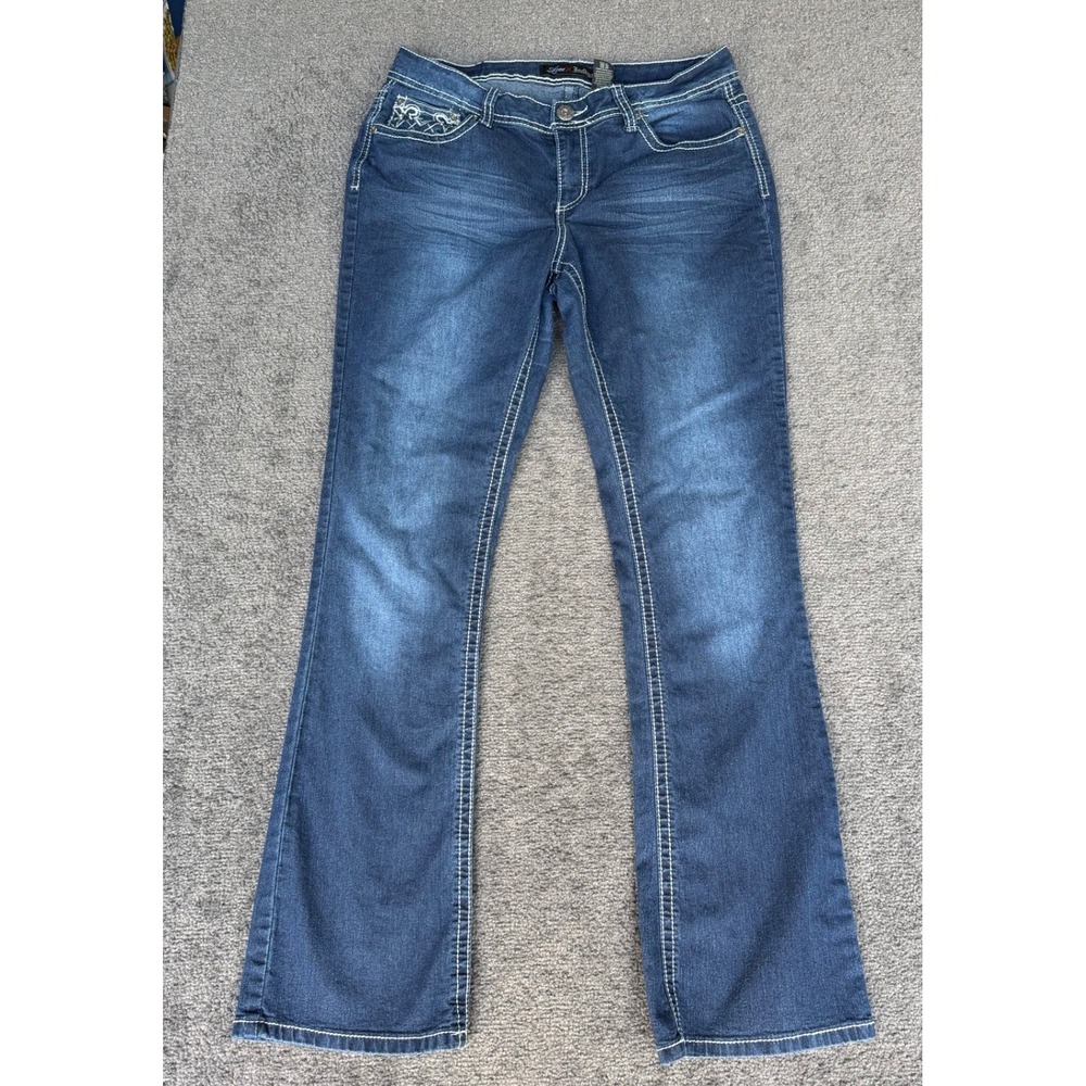 Love Indigo Womens Dark Wash Contrast Stitch Bootcut Jeans Size 10 Embroidered